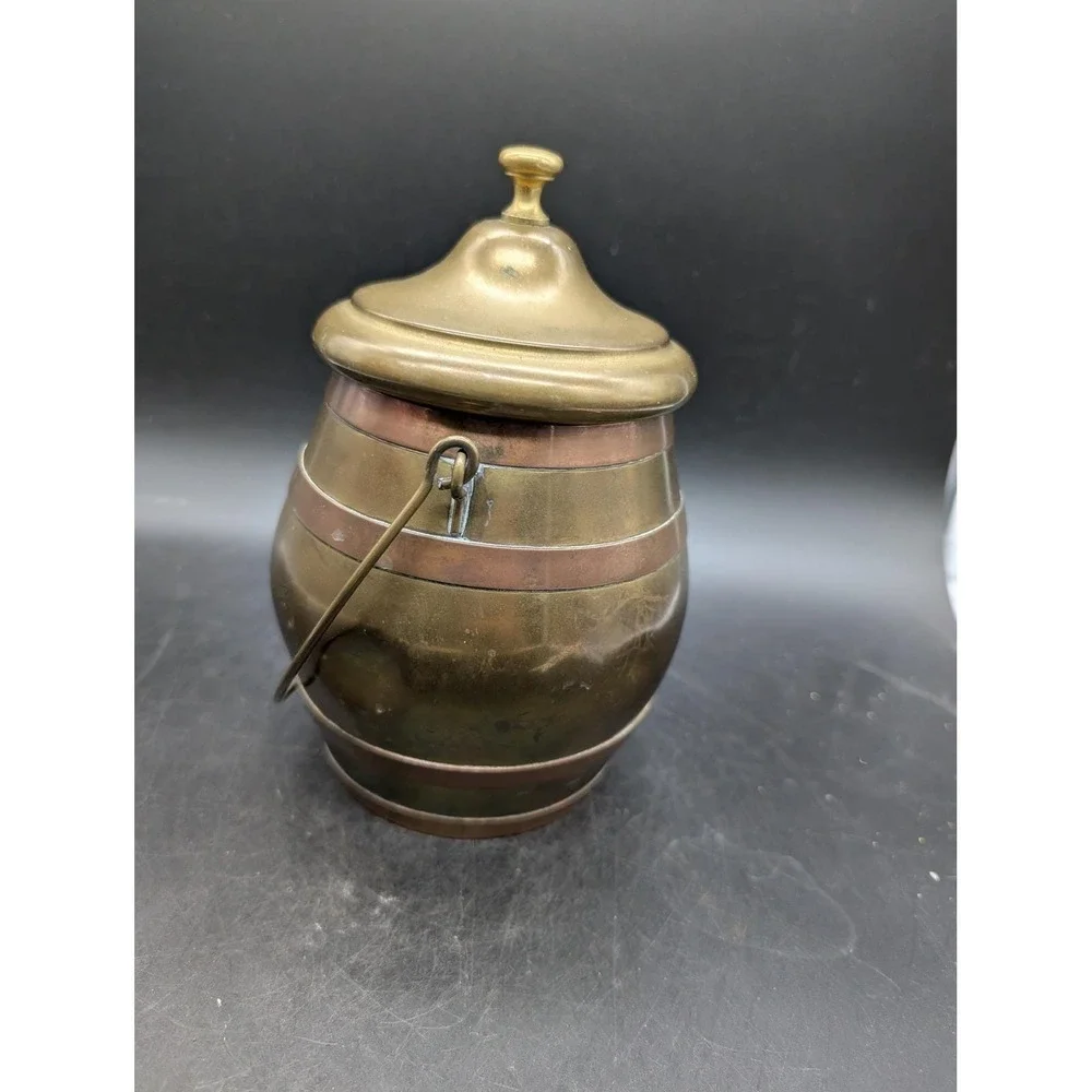 Vintage Brass and Copper Barrel Canister with Bail Handle and Lid Mixed Metal 8